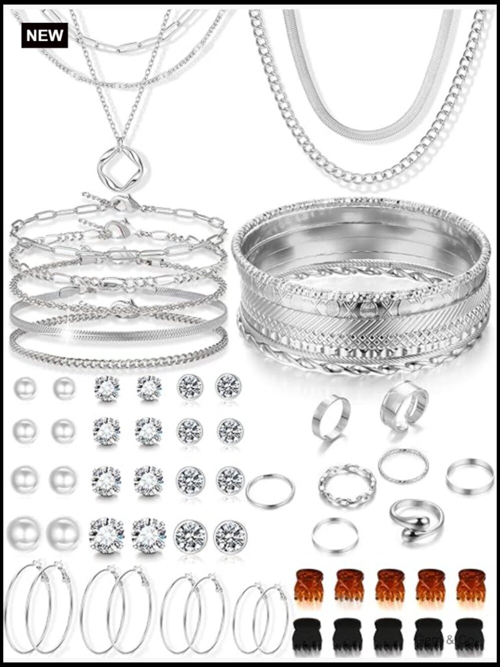 56 Pcs Jewelry Set - Layered Necklace, Bracelets, Earrings, Rings, Hairpins